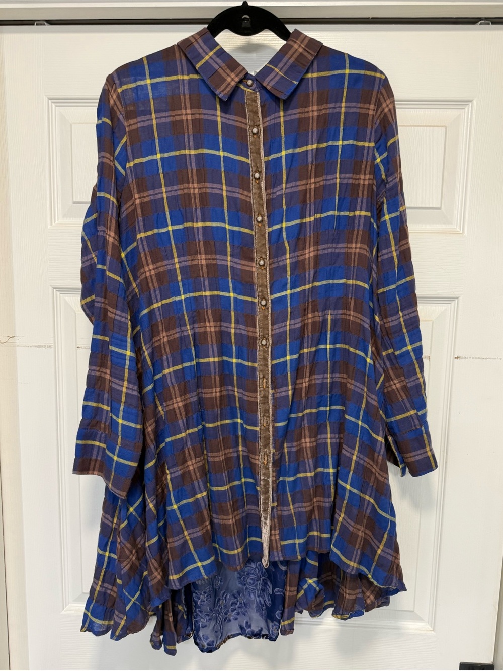 Aratta Blue and Brown Plaid Button-Front Blouse